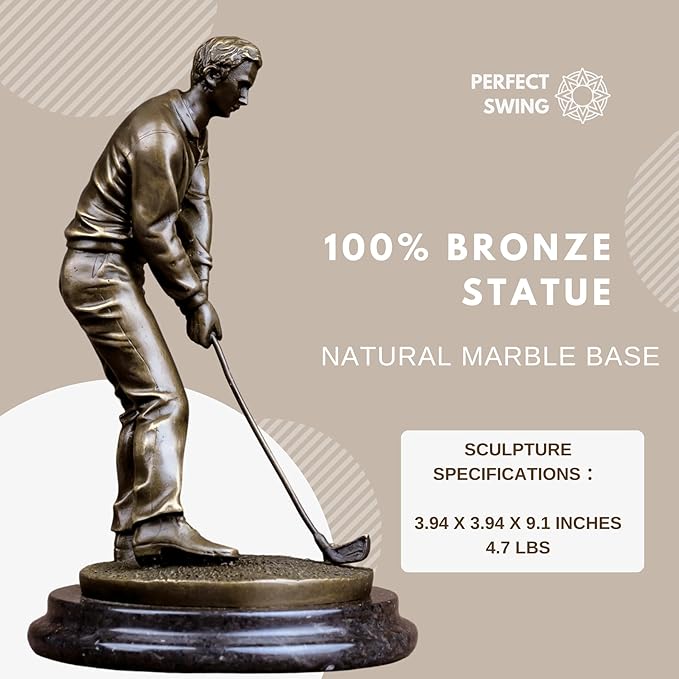 9.1'' Bronze Golf Putting Statue, Handcrafted Golfer Figurine Sculpture with Marble Base, Classic Sports Art Collectible for Home Office Decor and Golf Enthusiasts Gift