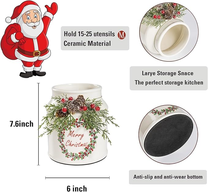 Christmas Utensil Holder, Cute Christmas Wreath Utensils Holder for Christmas Kitchen Decor, Xmas Vintage Rustic Ceramic Utensils Crock With Pinecone Accents for Indoor Kitchen Decorations