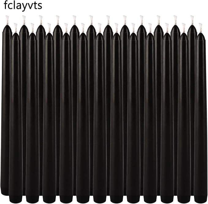 24-Pack Black Dripless Taper Candles -10 inch Tall- Cotton Wick, 7.5 Hour Clean Burning,Smokeless,Suitable for Home Decoration, Weddings, Religious Ceremonies, Holidays, Parties and Halloween.