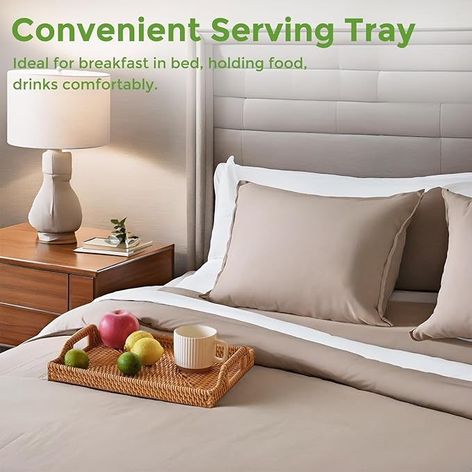 Wicker Tray Rectangle with Handles, Handmade Rattan Natural Woven Tray, Rattan Serving Wicker Trays for Decor Storage, Coffee Table Basket Trays for Breakfast Bread Fruit Snack