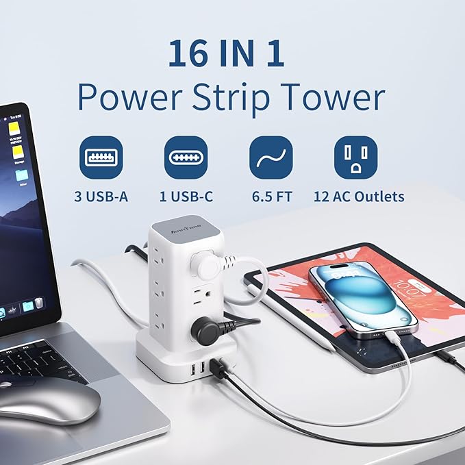 Surge Protector Power Strip 6.5 FT Cord, Power Strip Tower with 4 USB Ports (1USB C), Extension Cord with 12 AC Multiple Outlets, Home Office Supplies Desk Accessories, Dorm Room Essentials