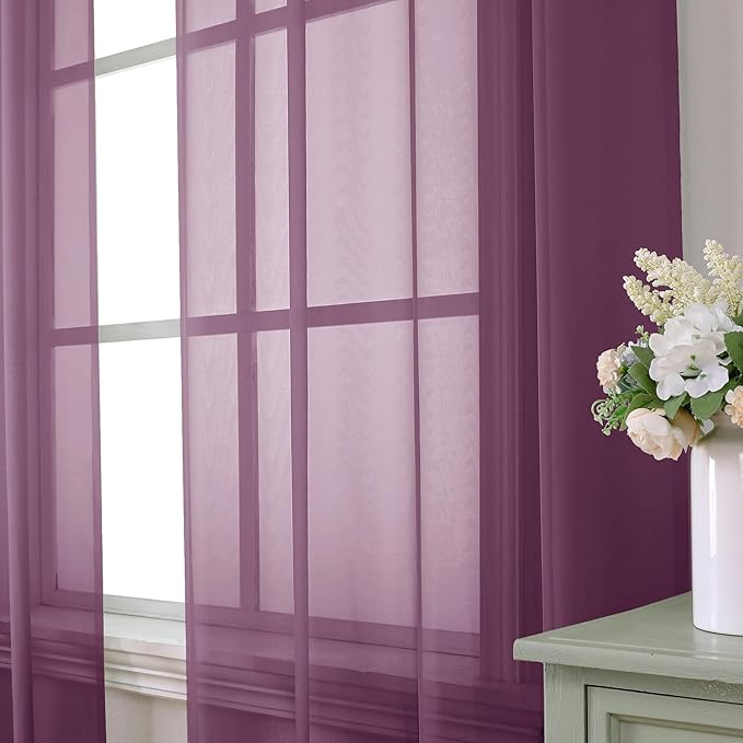 Aiyufeng Plum Purple Sheer Curtains 84 Inches Long 2 Panels, Solid Voile Top Dual Rod Pockets Stylish Breathable Drapes Window Treatment for Kid's Room/Bedroom/Living Room, 40W x 84L inches
