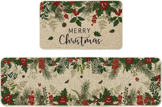 Artoid Mode Leaves Holly Merry Christmas Kitchen Mats Set of 2, Winter Home Decor Low-Profile Kitchen Rugs for Floor - 17x29 and 17x59 Inch