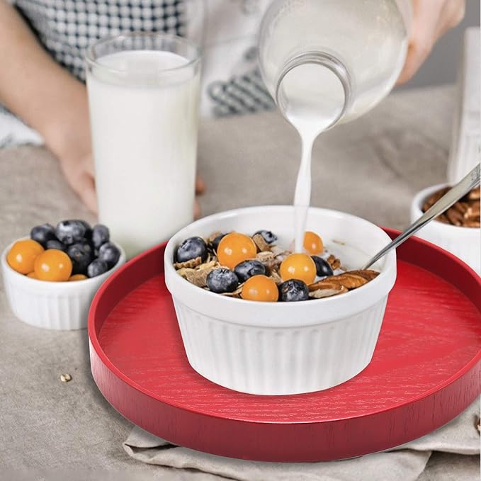 Round Solid Wood Serving Tray, Non-Slip Tea Coffee Snack Plate Food Meals Serving Tray with Raised Edges for Home Kitchen Restaurant(9.5inch,Red)