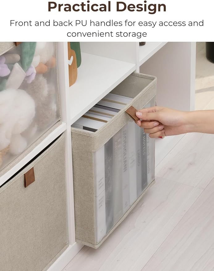 StorageWorks 13x13 Storage Cubes, Closet Storage Bins with Clear Window, Large Fabric Organizer for Clothes, Collapsible Storage Baskets with PU Handles, Brown and Beige, 3-Pack