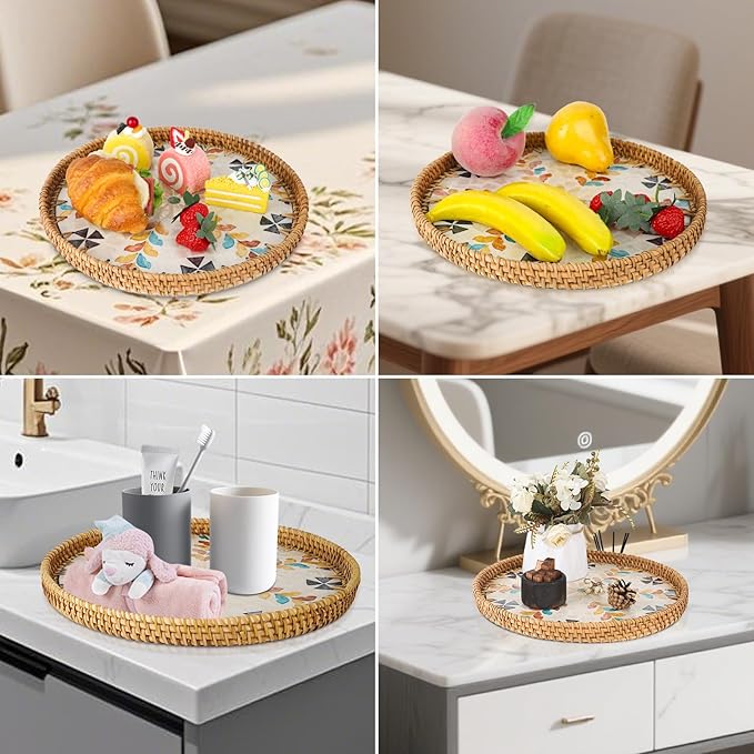 Round Rattan Serving Tray with Mother of Pearl Inlay & Coaster, Boho Wicker Basket, Decorative Coffee Table Tray for Table Decor, Storage and Display of Coffee Bread Fruit (Colored Feather)