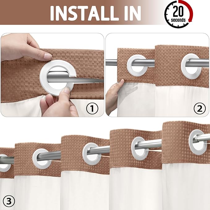 YellyHommy No Hook Shower Curtain with Snap in Liner Set Less Time Mocha Brown Waffle Shower Curtain for Bathroom 75" L x 72" W