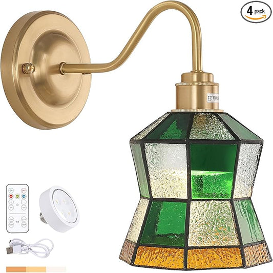 Vintage Battery Operated Wall Sconce with Remote, Rechargeable LED Wall Lamp 3 Colors Dimmable, Brass Wall Lights Fixture for Bedroom Bathroom Living Room Hallway Polygonal Checker