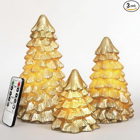 Christmas Flameless Candles Gold Christmas Tree Tabletop Flickering LED Warm Light Battery Operated Candle with Remote Lighted Xmas Tree Figurines for Fireplace Home Decor Indoor Holiday Gifts
