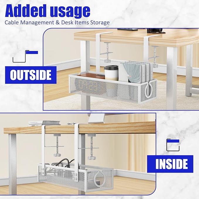 Under Desk Cable Management Tray, Metal Long Arms(3.9in), No Drill Mesh Wire Management Tray Cable Box for Office, Desk Wire Organizer with Clamp Mount, 1 Pack, White