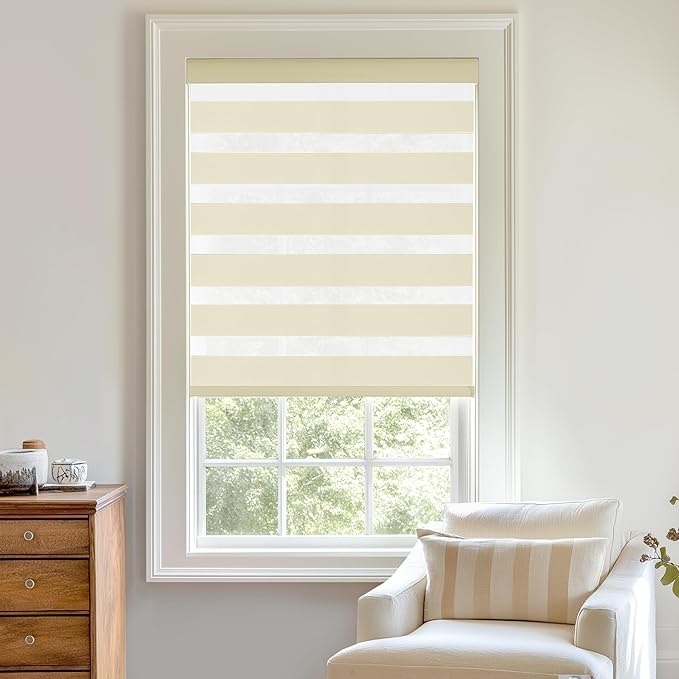 ChrisDowa Cordless Zebra Blinds for Windows, Dual Layer Free-Stop Light Filtering Window Roller Shades, Pull Down Privacy Zebra Shades for Home, Office, Bedroom, Door (67" W x 72" H, Beige)