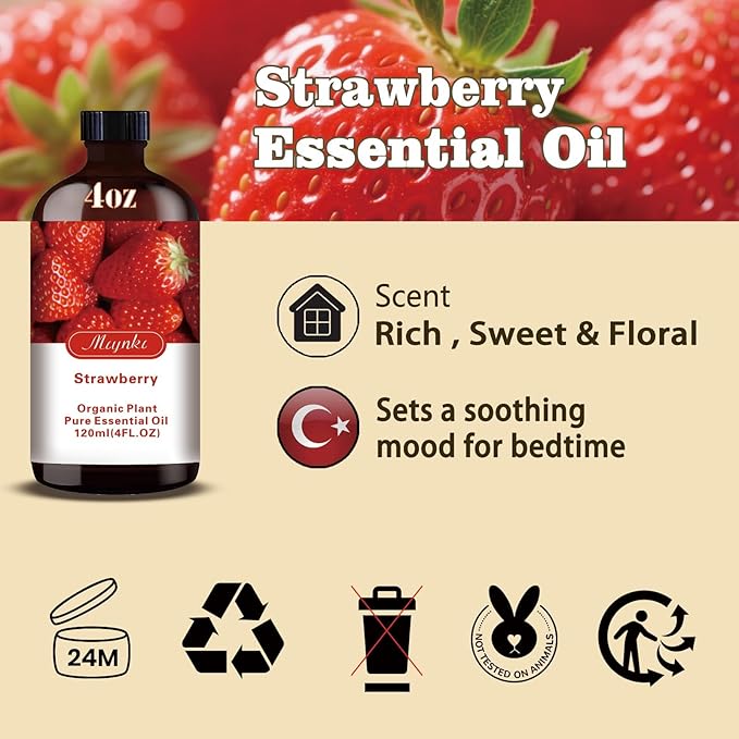 Strawberry Essential Oil-Strawberry Fragrance Oil 4.33oz (130ml)-100% Pure Natural Scent for Diffusers, Candles, Soap Making & Aromatherapy-Relaxing Home & Gift Essential Oil for Bath, Massage