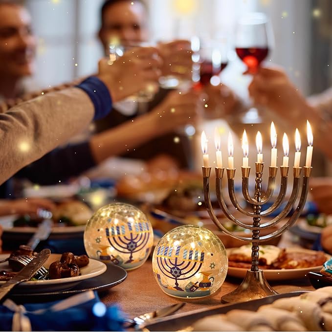 Nefelibata Hanukkah Decorations Chanukah Globe Lights Crackle Glass Ball with LED Lights and Timer Home Table Centerpiece Kitchen Dinner Party Fireplace Decor Battery Operated Lamp Jewish Gifts 2PCS