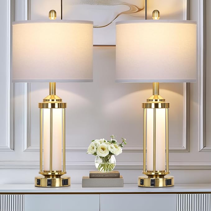 Modern Table Lamps, Gold 27" Industrial Table Lamp Set of 2 with USB A+C Charging Ports & AC Outlet, Farmhouse Rustic Beside Lamp for Living Room Bedroom Office End Table(4 LED Bulbs Included)