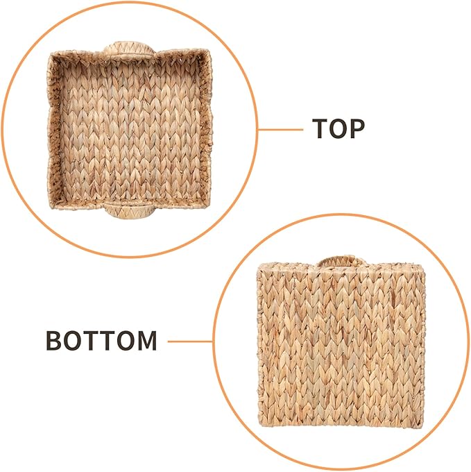 Water Hyacinth Scalloped Trays, Wicker Serving Trays with Handles, Woven Rattan Square Seagrass Tray for Decor, Set of 2