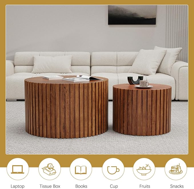 Round Coffee Table Set of 2 Modern Nesting Coffee Tables Wooden Drum Coffee Tables with Non-Slip Feet, Circle Nesting Tables End Table for Living Room Office, No Assembly (Brown 27.56"+19.69")