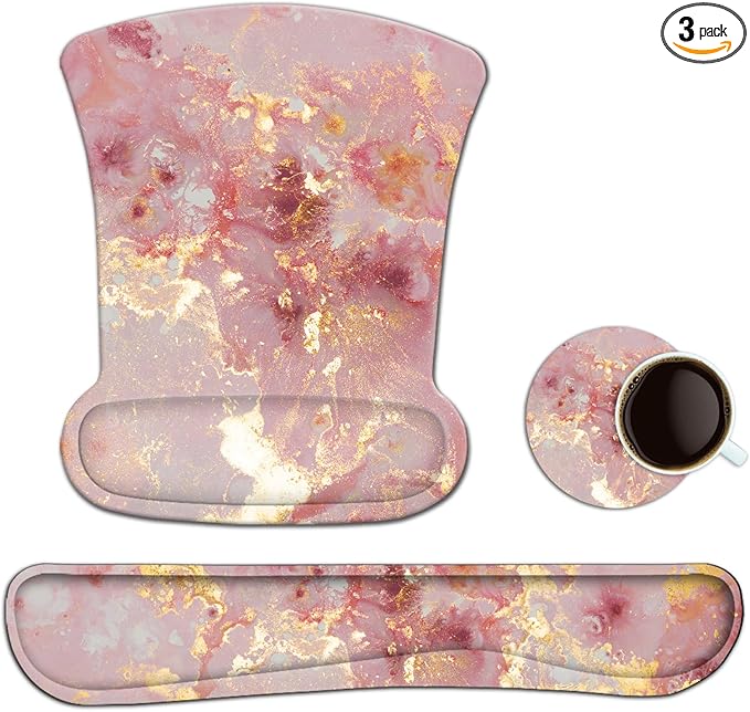 AIMSA Mouse Pad Wrist Support Set Keyboard Wrist Rest, Ergonomic Memory Foam Non-Slip Base Easy Typing Pain Relieve for Computer Laptop Home Office, Pink Gilt Marble