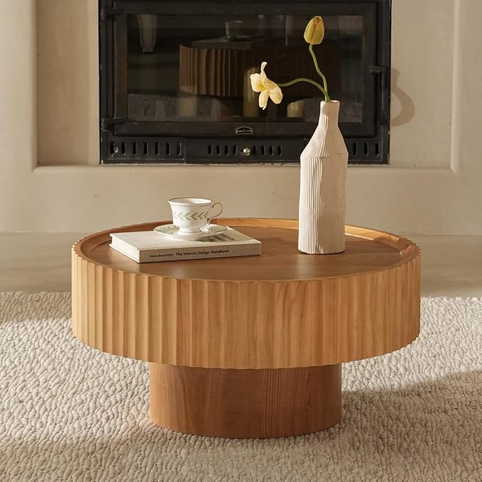 Round Coffee Table, Modern Living Room Tables with Mushroom Shape and Grooved Design, Large Coffee Tables, Circle Pinewood Center Table for Living Room (Nature Wood, 31.8''L×13.7''H)