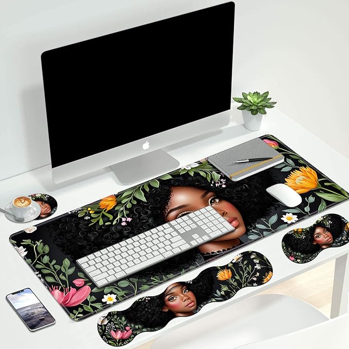 4 in 1 Ergonomic Keyboard Wrist Rest & Mouse Pad Wrist Rest Set, Large XXL Gaming Desk Mat 31.5"x 11.8" with Non-Slip Base, Memory Foam for Home Office Study Gaming, American Black Girl