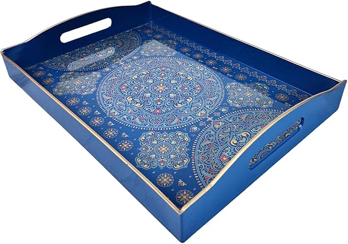 Boho Blue Decorative Tray, Serving Tray with Handles, Plastic Tray for Coffee Table, Ottoman - Ideal for Living Room & Bathroom. 15” x 11” x 2.5”