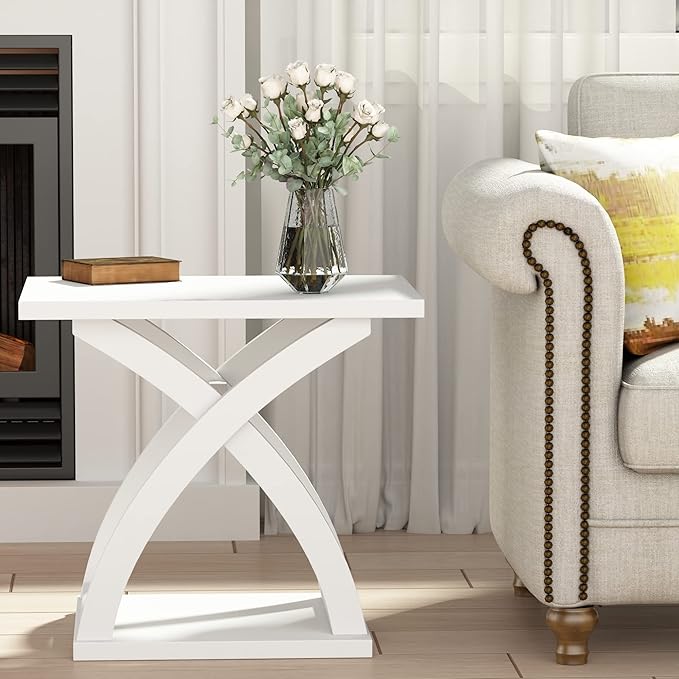 ChooChoo End Side Table, Modern End Table with Storage Shelf, X-Design Side Table Living Room (White)