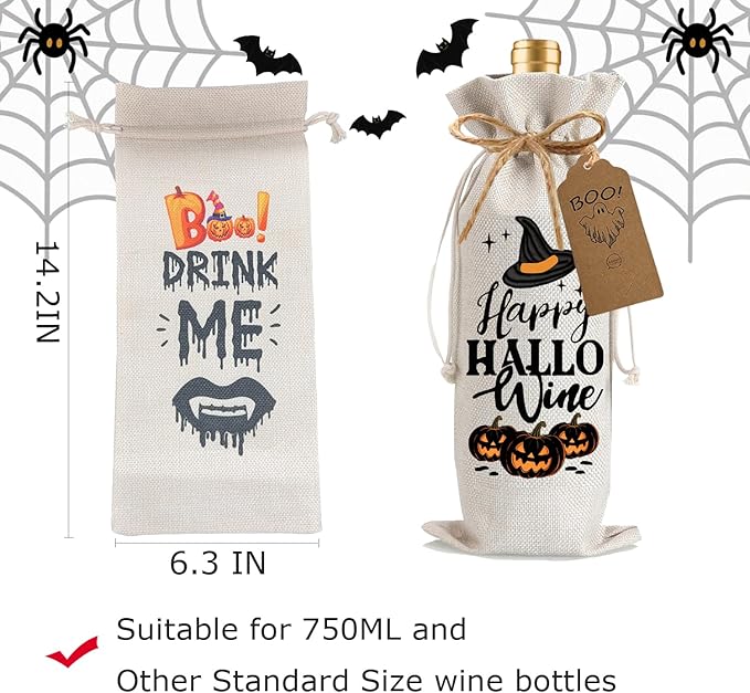 1Pcs Happy Hallo Gifts Wine Bag,Halloween Wine Bag Happy Hallo wine Halloween Gifts Party Decorations for Women Men with 1Pcs Kraft Blessing Cards and natural jute rope