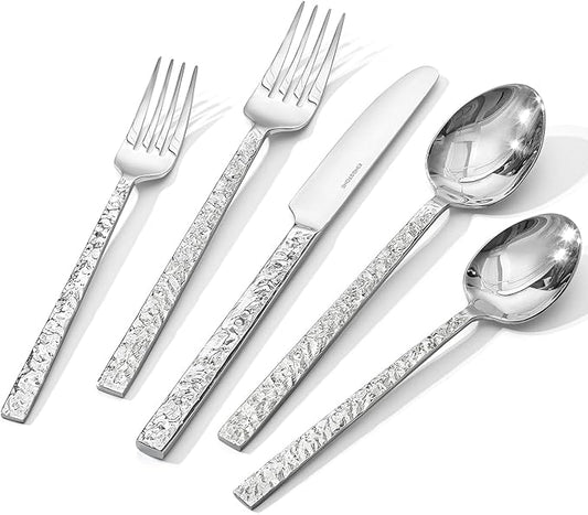 KINGSTONE 60 Pcs Hammered Silverware Set for 12, 18/10 Stainless Steel Heavy Duty Flatware Set, Tableware Cutlery Utensil Sets for Home Restaurant Dishwasher Safe