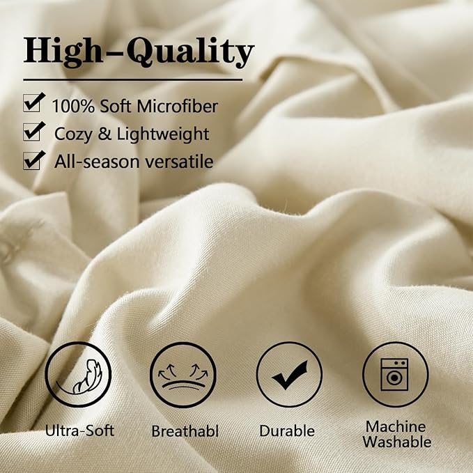 Yogeneg King Size Comforter Set 7 Piece Bed in a Bag,Grid Pinch Pleat Beige Bedding Set,Striped Textured Soft Microfiber Comforter with Sheet Set,All Season Complete Bed Set(Beige,King)