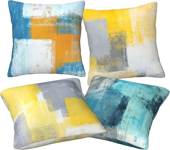 Yellow Decorative Throw Pillow Covers 18x18 Set of 4 Teal Pillow Cover Modern Abstract Art Decorative Pillows for Living Room Bedroom Sofa Couch Pillow Covers