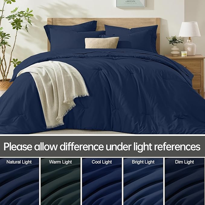 Homelike Moment Queen Comforter Set with Sheets, 7 Piece Navy Comforter Set Queen Size, Full Size Bed in a Bag Lightweight and Machine Washable