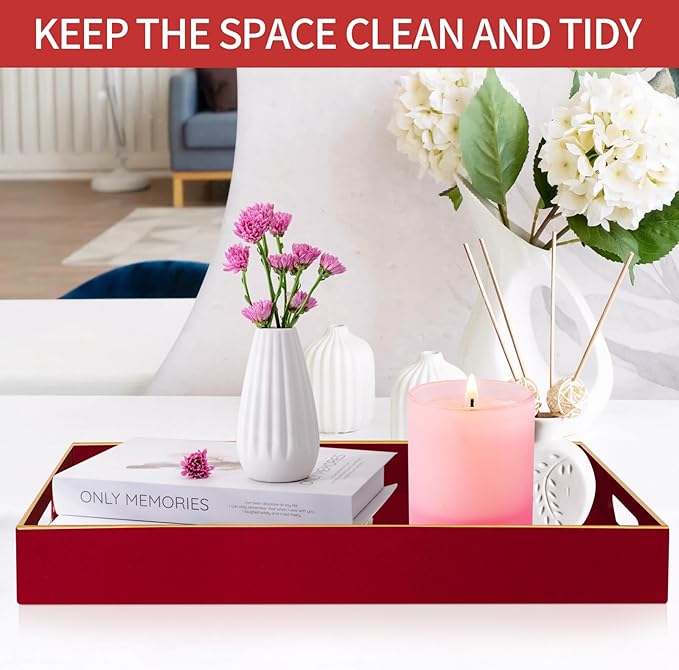 Sturdy Acrylic Serving Tray with Handles-15.7x11.8Inch, Morden Plastic Rectangular Serving Tray for Coffee Table Bathroom, Ottoman, Home Decor (Rectangular - Red)