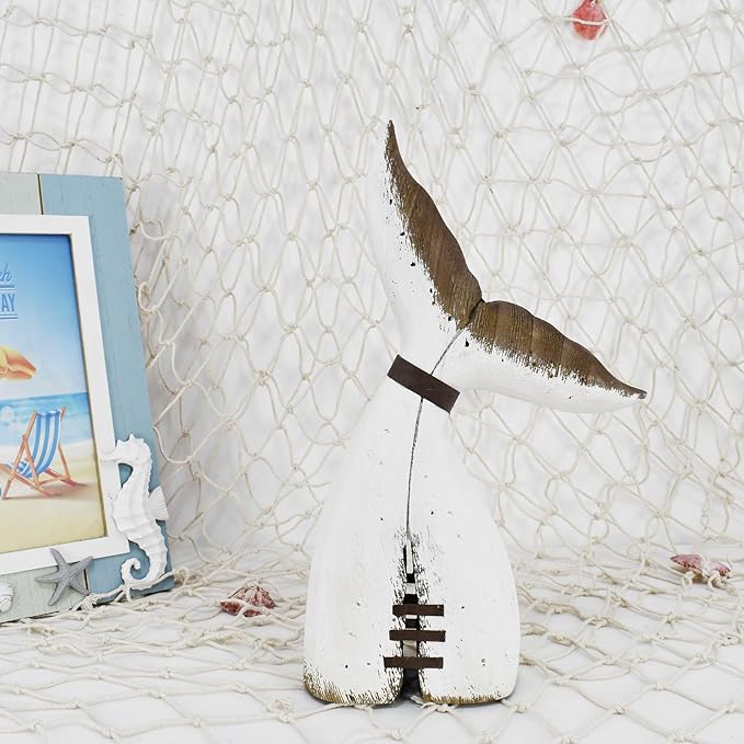 Aecipl Nautical Home Decor Wood Whale Tail Tabletop Statue Decorative Rustic Sculpture Ocean Beach Coastal Themed Figurine Whale Ornament Bathroom Shelf Decoration (13.4" H)