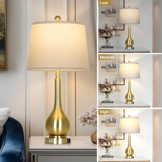 26" Gold Table Lamps Set of 2 for Living Room, Touch Control Bedroom Lamps for Nightstand, 3-Way Dimmable Bedside Lamp with USB A+C Port (2 LED Bulbs Included)