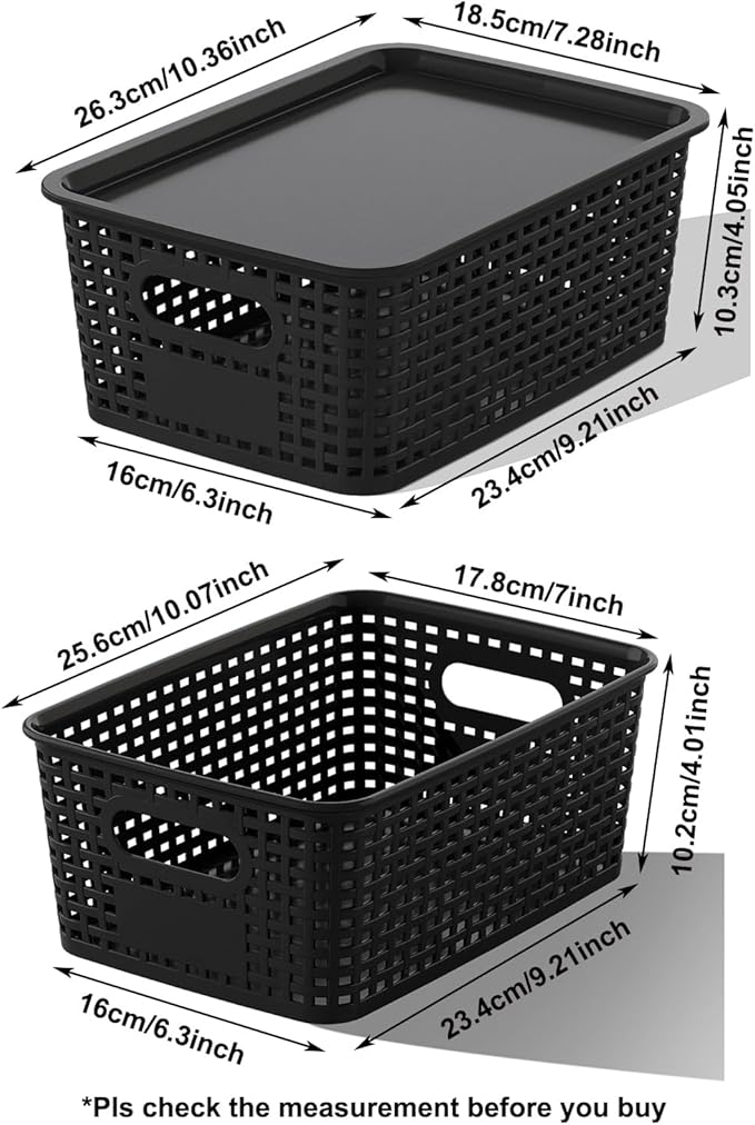 Black Plastic Storage Baskets with Lids 10 Pack Stackable Storage Bins Containers for Shelves Organizing, Cute Decorative Storage Boxes for Classroom, Playroom, Closet, Pantry