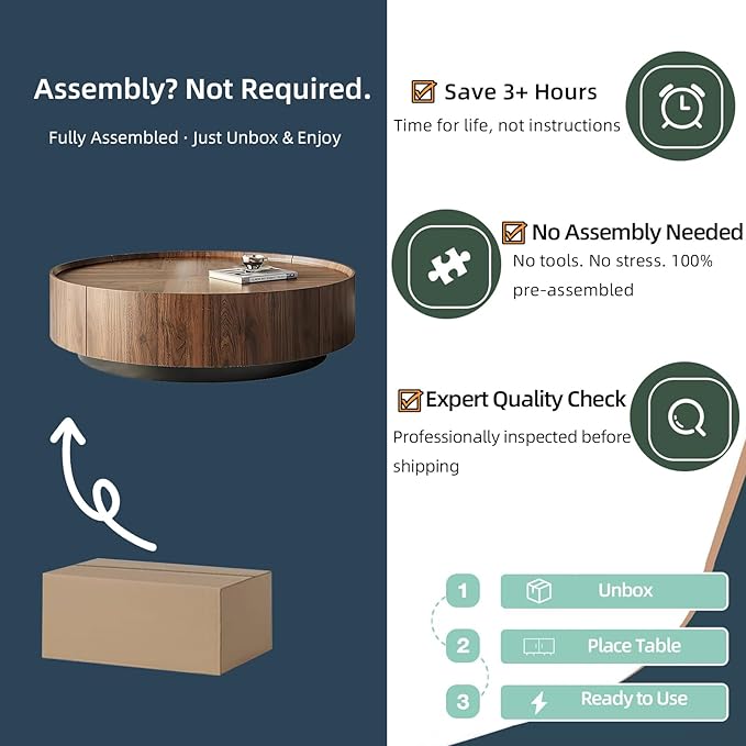 Luxury Solid Wood Coffee Table with Hidden Drawer, Fully Assembled Square Center Table for Living Room, Raised Edge Design, No Installation Needed, Premium Walnut Finish (35.43" Round Coffee Table)