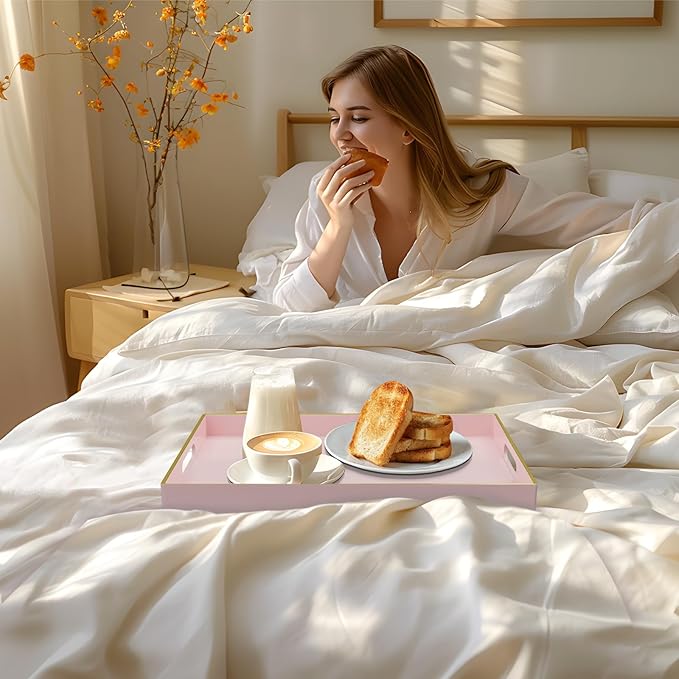 MAONAME Pink Serving Tray with Handles, Rectangular Decorative Tray, Modern Coffee Table Trays, Plastic Ottoman Trays for Bathroom, Decor, 15.7” x 11.8” x 1.57"