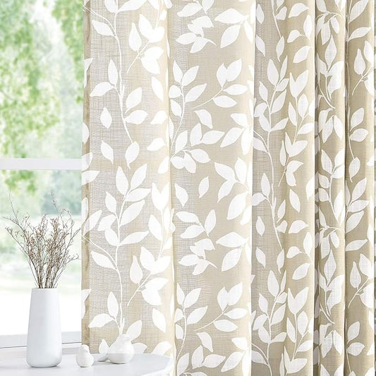 Print Semi Sheer Leaf Curtains for Living Room 52" x 54" White and Taupe Curtain Panels for Windows, 2 Pack, Taupe, Grommet Top