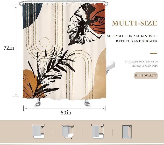 Glawry Abstract Tropical Shower Curtain Boho Watercolor Red Brown Palm Leaf Plant Botanical Bathroom Minimalist Bohemian Leaves 60Wx72L Inches Bath Accessories Art Home Decor Fabric with Hooks