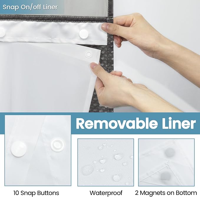 Charcoal Grey Stall No Hook Shower Curtain with Snap in Liner,230GSM Waffle Weave Shower Curtains for Bathroom,54W x 80H