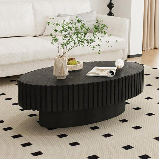 Oval Fluted Coffee Table Mid Century Modern Coffee Tables with Handcrafted Relief Ellipse Drum End Table Rustic Industrial Center Tables for Apartment Living Room (Black Oval)