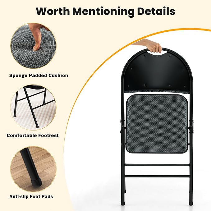 POWERSTONE Folding Chairs, Foldable Chair Set with Padded, Handle Hole and Metal Frame Dining Chair Set for Indoor and Outdoor, School, Office and Garden Party (6, Grey+Black)