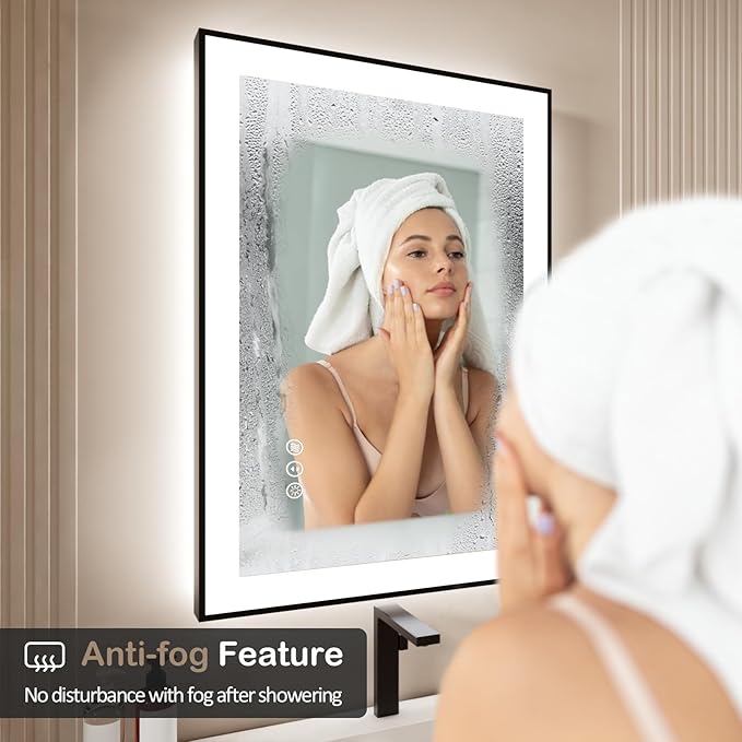 24x32 Inch LED Bathroom Mirror with Black Frame, Backlit and Front Lighted Bathroom Mirrors for Wall, Anti-Fog, Dimmable, Memory, Shatterproof, LED Vanity Mirror for Bathroom