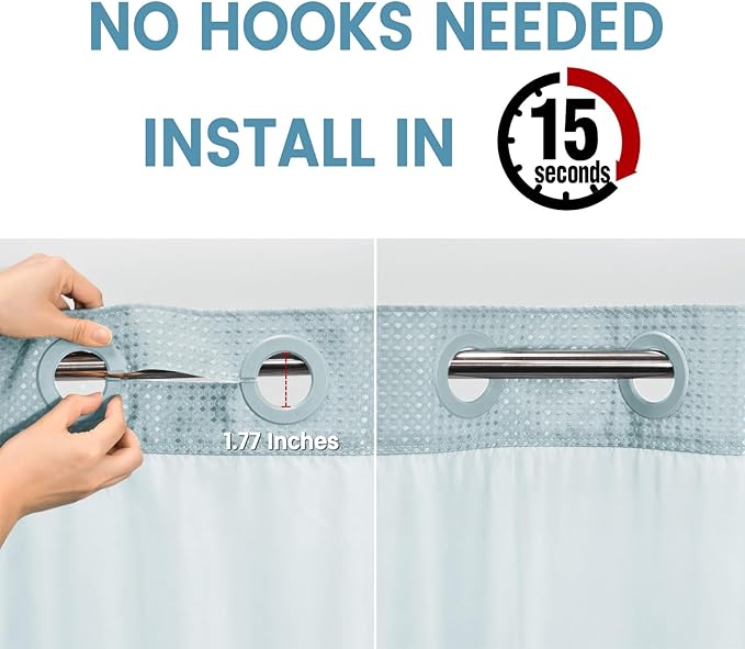 Fog Blue Long No Hook Shower Curtain with Snap in Liner,230GSM Waffle Weave Shower Curtains for Bathroom,71W x 86H