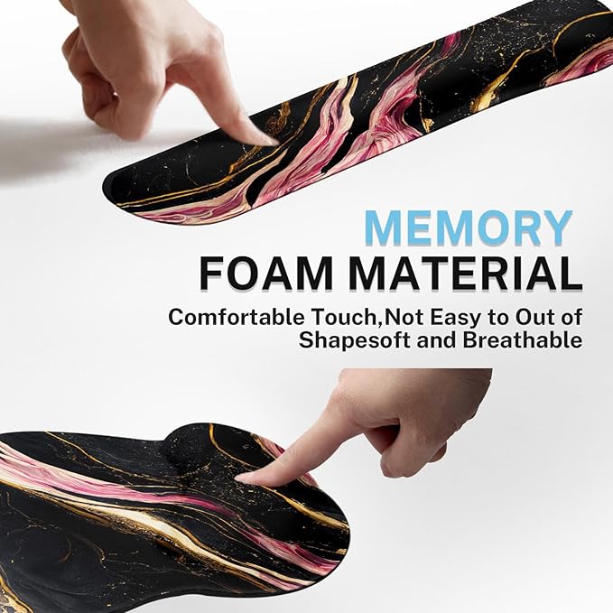 Britimes Black Pink Gold Marble Ergonomic Mouse Pad Set with Wrist Rest Non-Slip Rubber Base Wrist Cushion Support and Coasters Mousepad with Wrist Support for Computer Keyboard and Desk