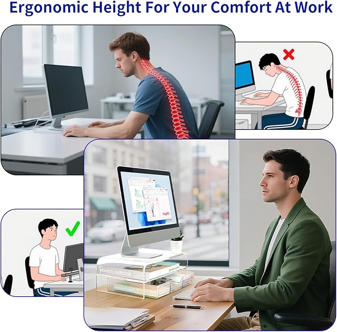 Acrylic Clear Desk Organizers and Accessories, 2-Tier Computer Monitor Stand Riser with Drawer, Laptop Stand, Office Desk Accessories for Office Supplies, Transparent