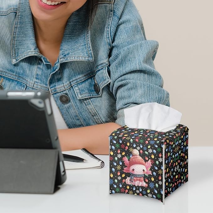 Christmas Axolotl Tissue Box Cover with Buttons Square PU Leather Tissue Facial Paper Dispenser for Night Stands, Office Desk, Bathroom Modern Napkin Facial Paper Organizer, 5.1x5.1 Inch