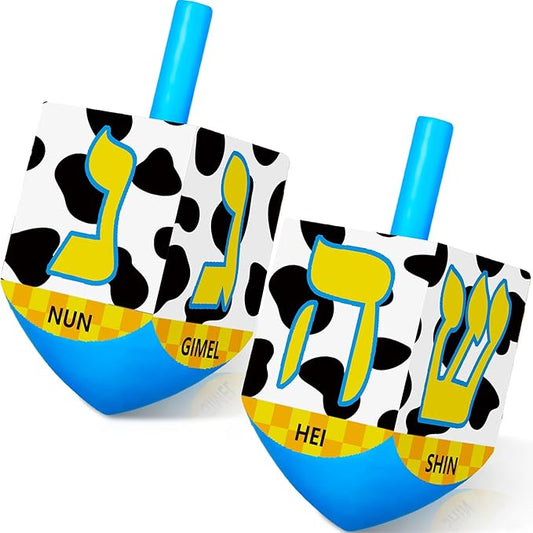 2 Pcs Hanukkah Dreidels Game Toy Extra Large Wooden Dreidel for Hanukkah Decoration with English Transliteration, Forever Spinning Tops Party Favors(Cow Print)