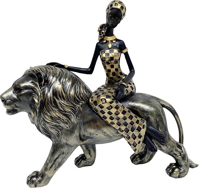 African Lion Tribal Lady Sculpture, African Design Figurines with Tribal Totem,Desk Room Home Decor, Animal and Women Decor Art Sculptures