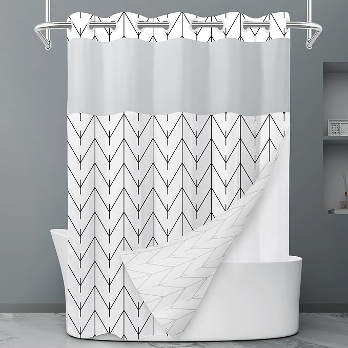 No Hook Geometric Striped Shower Curtain with Snap in Liner Set - Hotel Shower Curtain and Liner Set with See Through Mesh Top Window,Machine Washable, 71x74 INCH - Black & White Herringbone