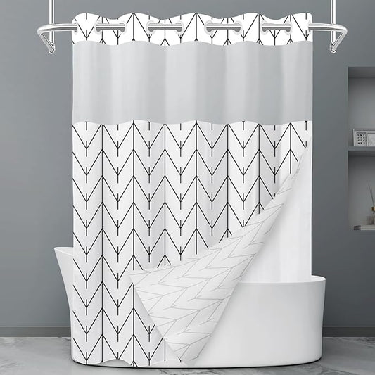 No Hook Geometric Striped Shower Curtain with Snap in Liner Set - Hotel Shower Curtain and Liner Set with See Through Mesh Top Window,Machine Washable, 71x74 INCH - Black & White Herringbone